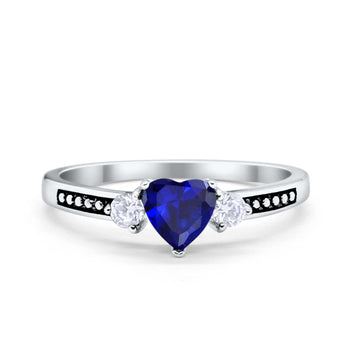 Heart Promise Ring Simulated Blue Sapphire CZ Black Accent 925 Sterling Silver